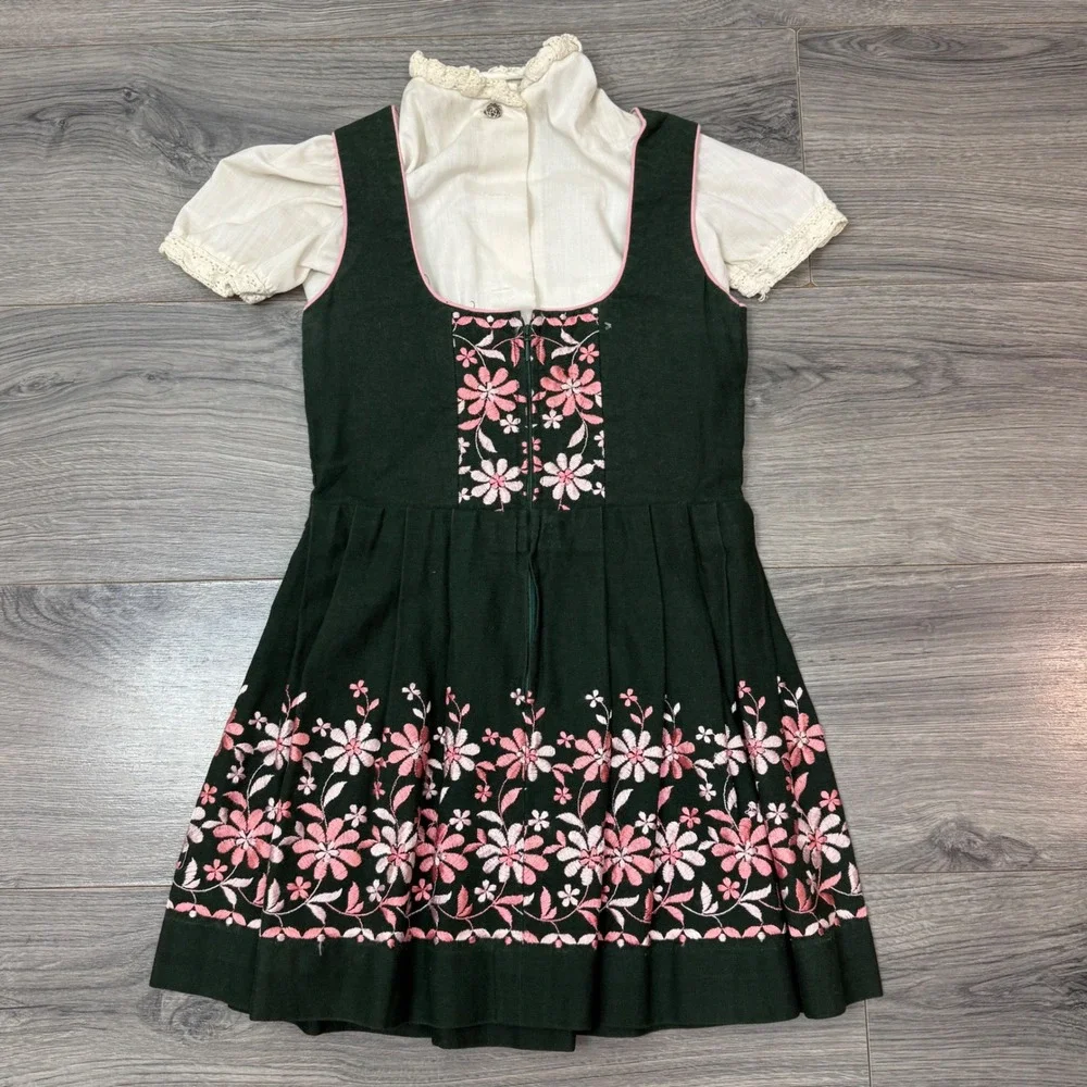 Vintage German Dirndl Set Kids Sz 6 Green Pink Floral Dress Apron Oktoberfest